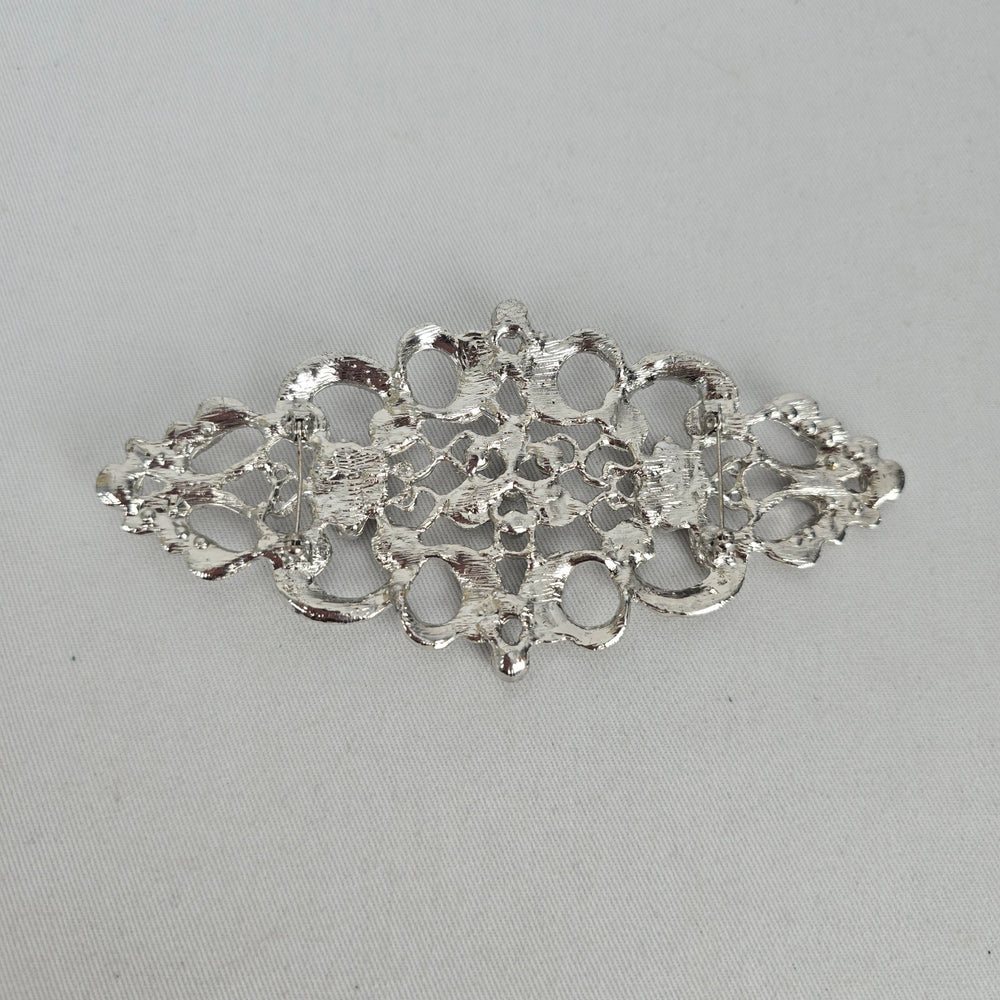 Silver Tone Crystal Openwork Brooch Dual Pin