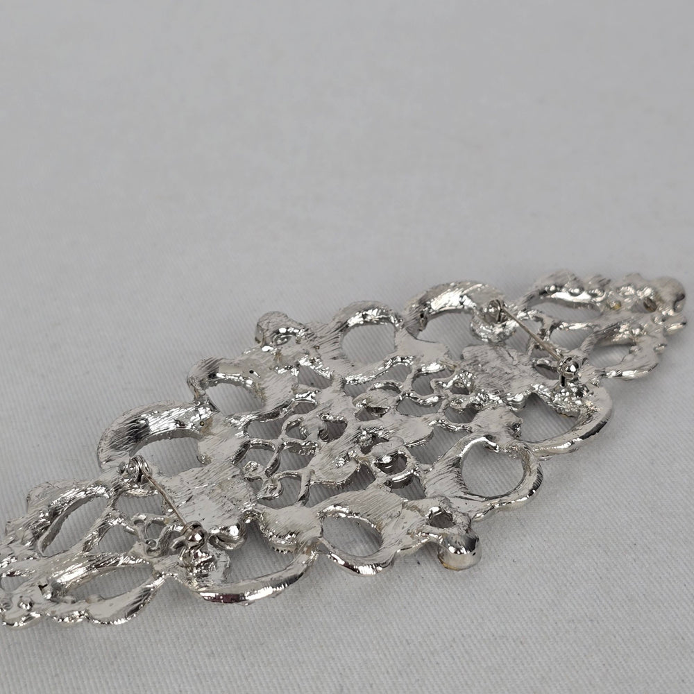 Silver Tone Crystal Openwork Brooch Dual Pin