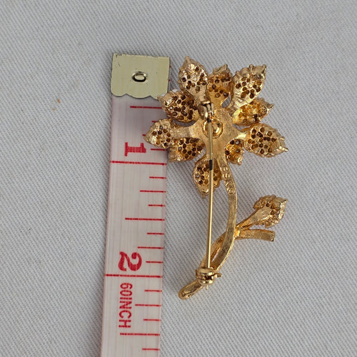 Vintage 1950s BSK Gold Tone Floral Brooch Pink Rhinestone Pearl