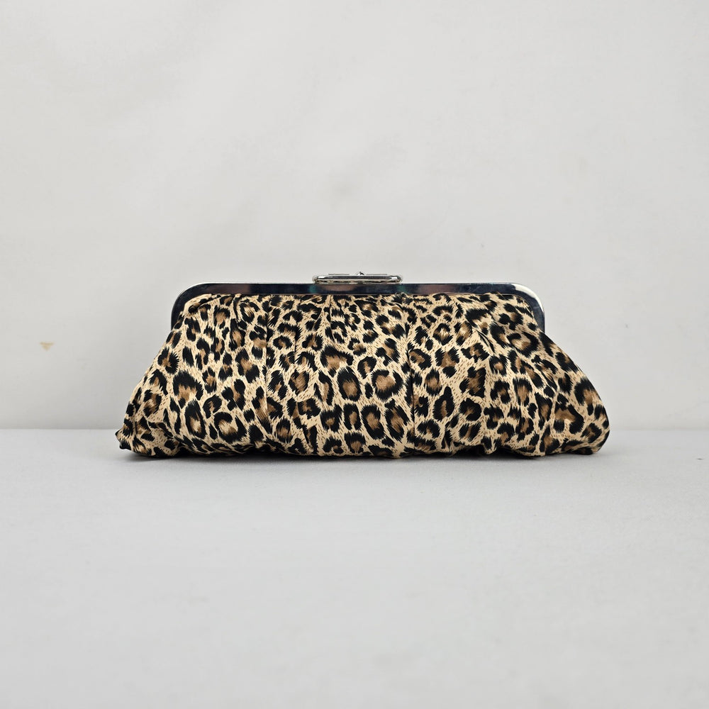Leopard Print Ruched Satin Kiss Lock Clutch