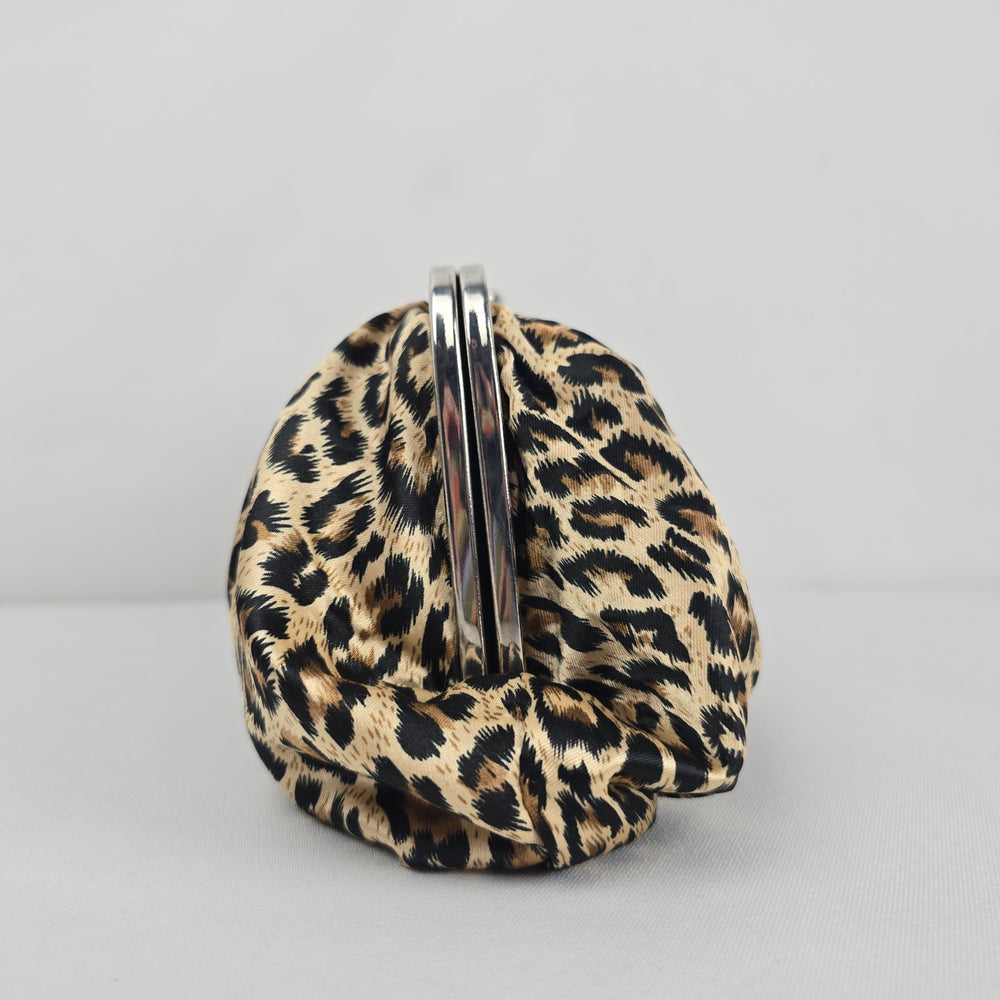 Leopard Print Ruched Satin Kiss Lock Clutch