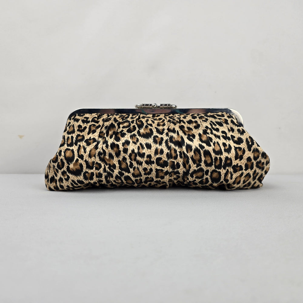 Leopard Print Ruched Satin Kiss Lock Clutch