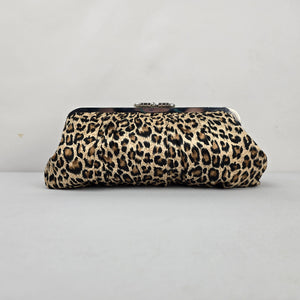 Leopard Print Ruched Satin Kiss Lock Clutch