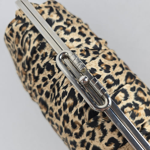 Leopard Print Ruched Satin Kiss Lock Clutch