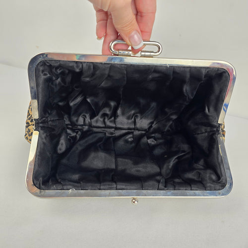 Leopard Print Ruched Satin Kiss Lock Clutch