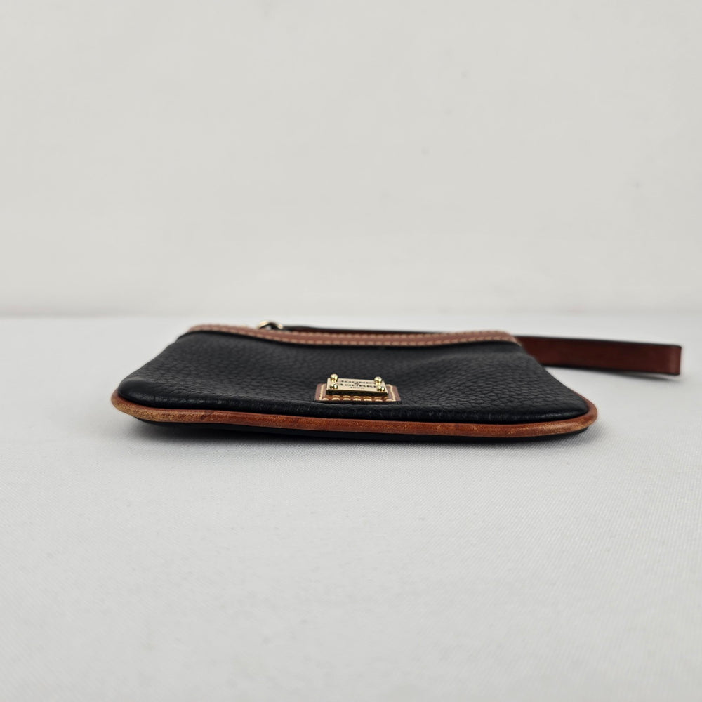 Dooney & Bourke Black Pebbled Leather Wristlet with Tan Trim