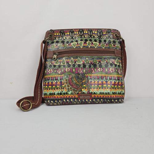 Sakroots Multicolor Elephant Print Crossbody Bag with Brown Strap