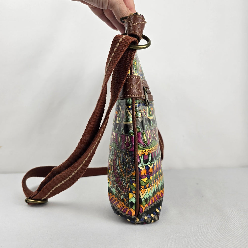 Sakroots Multicolor Elephant Print Crossbody Bag with Brown Strap