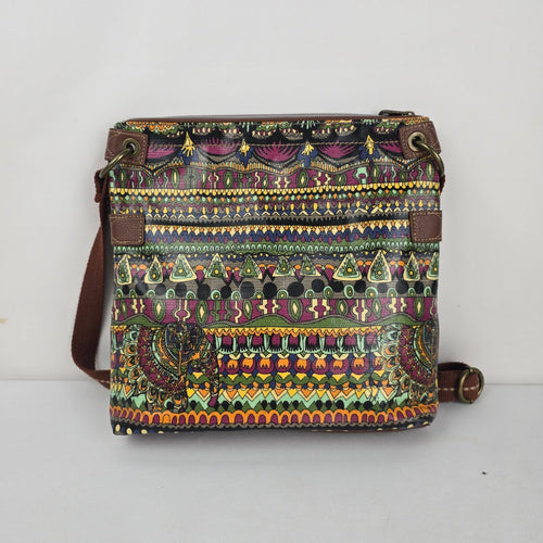 Sakroots Multicolor Elephant Print Crossbody Bag with Brown Strap