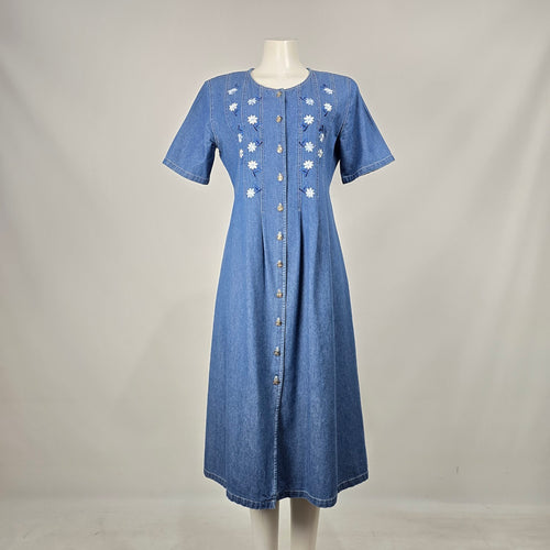 Vintage D’Allaird’s Blue Denim Floral Embroidered Button-Front Midi Dress – Size 12