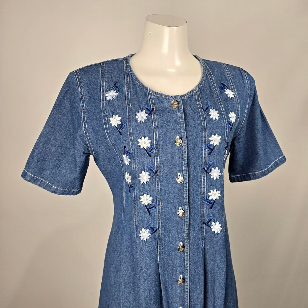 Vintage D’Allaird’s Blue Denim Floral Embroidered Button-Front Midi Dress – Size 12