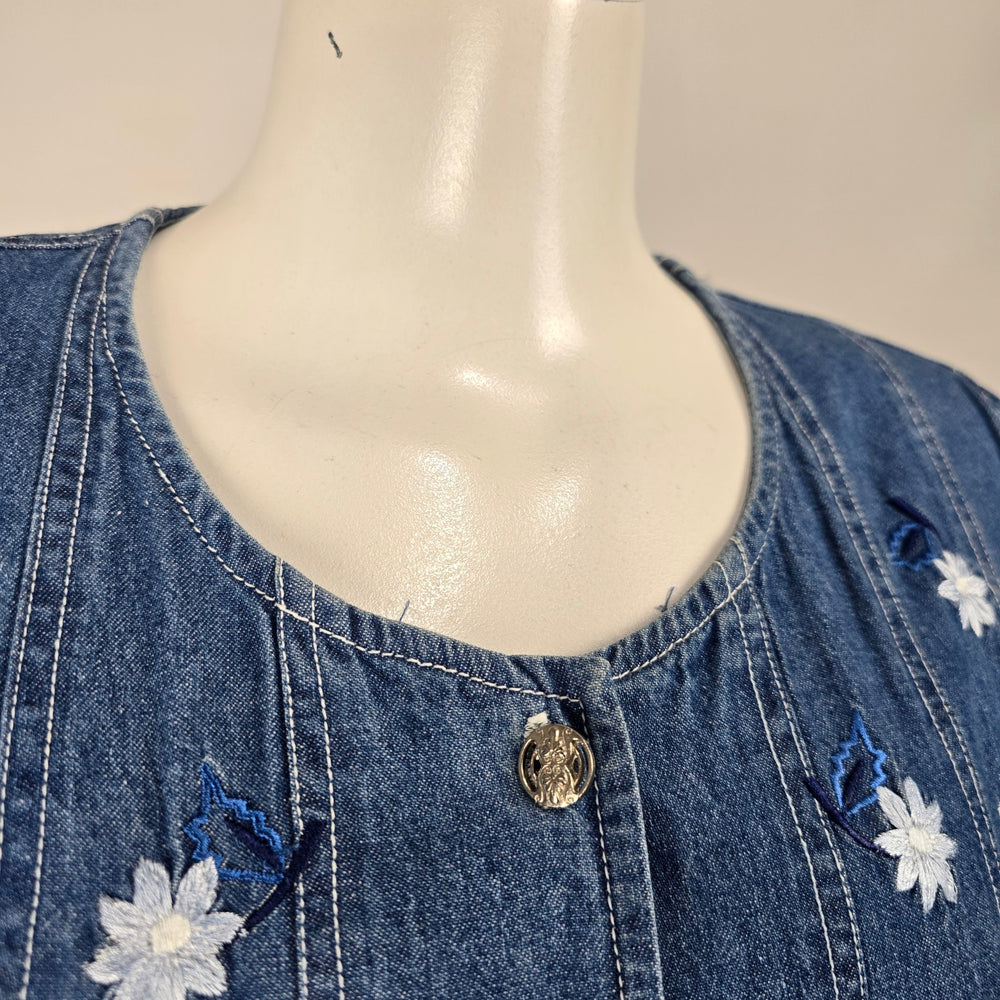 Vintage D’Allaird’s Blue Denim Floral Embroidered Button-Front Midi Dress – Size 12