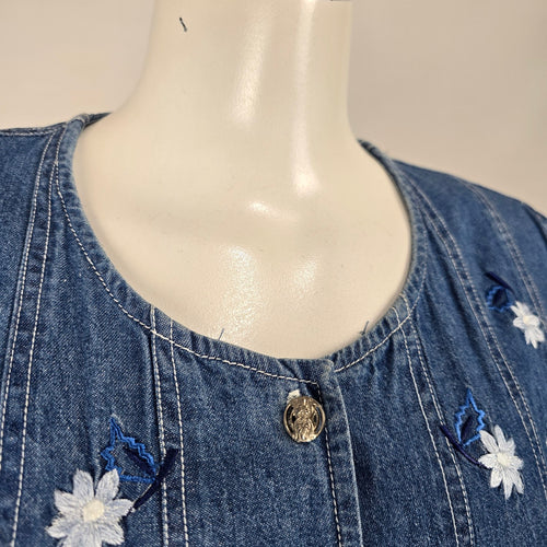 Vintage D’Allaird’s Blue Denim Floral Embroidered Button-Front Midi Dress – Size 12