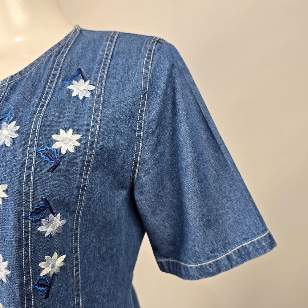 Vintage D’Allaird’s Blue Denim Floral Embroidered Button-Front Midi Dress – Size 12