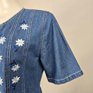 Vintage D’Allaird’s Blue Denim Floral Embroidered Button-Front Midi Dress – Size 12