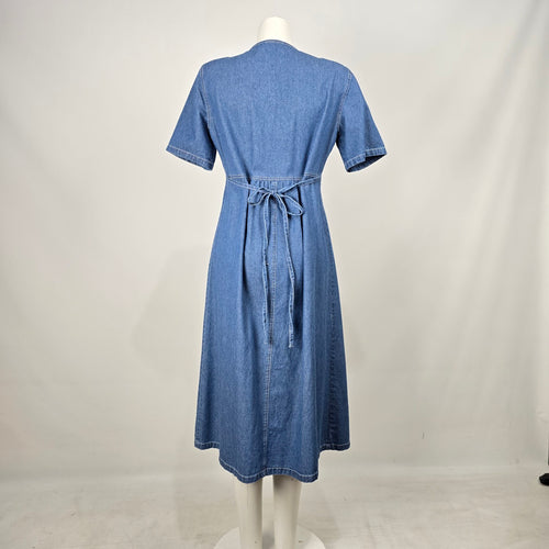Vintage D’Allaird’s Blue Denim Floral Embroidered Button-Front Midi Dress – Size 12