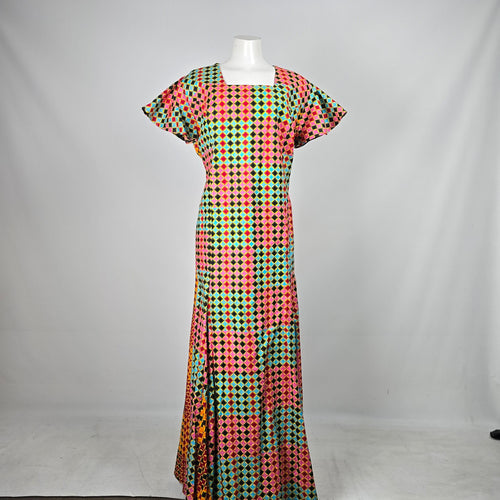 Handmade Multicolor Geometric Print Flutter Sleeve Maxi Dress – Size L-XL