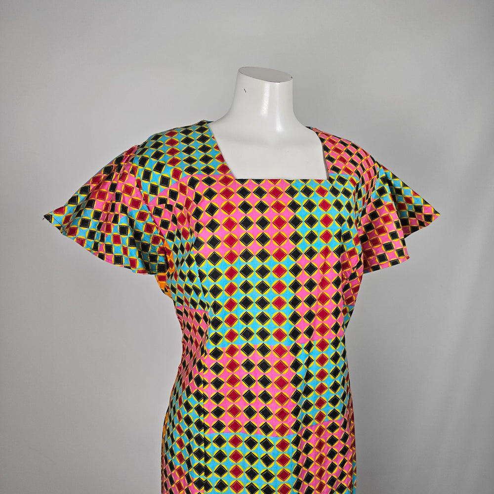 Handmade Multicolor Geometric Print Flutter Sleeve Maxi Dress – Size L-XL