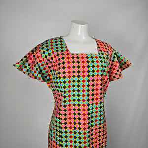 Handmade Multicolor Geometric Print Flutter Sleeve Maxi Dress – Size L-XL