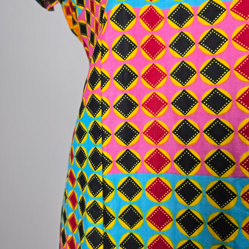 Handmade Multicolor Geometric Print Flutter Sleeve Maxi Dress – Size L-XL