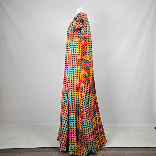 Handmade Multicolor Geometric Print Flutter Sleeve Maxi Dress – Size L-XL