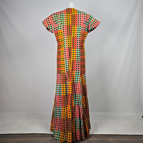 Handmade Multicolor Geometric Print Flutter Sleeve Maxi Dress – Size L-XL