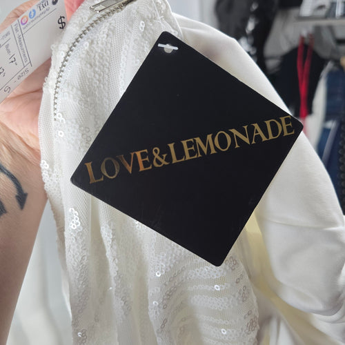 Love & Lemonade White Sequin Deep V High Slit Maxi Dress – Size S