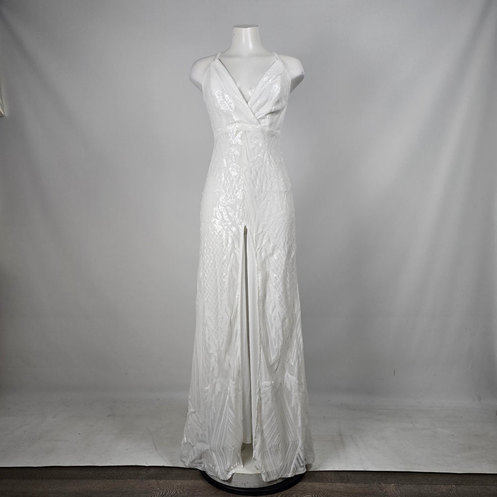 Love & Lemonade White Sequin Deep V High Slit Maxi Dress – Size S