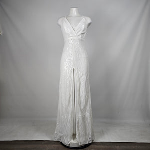 Love & Lemonade White Sequin Deep V High Slit Maxi Dress – Size S