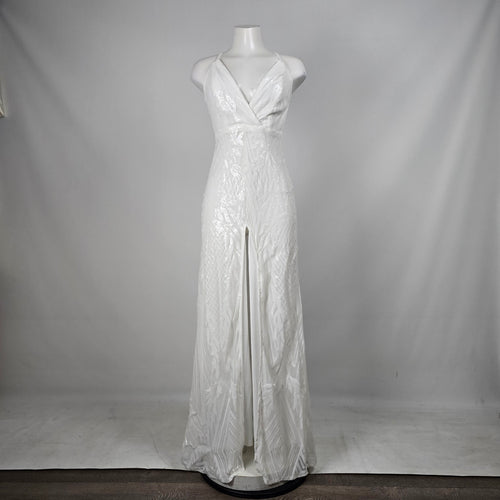 Love & Lemonade White Sequin Deep V High Slit Maxi Dress – Size S