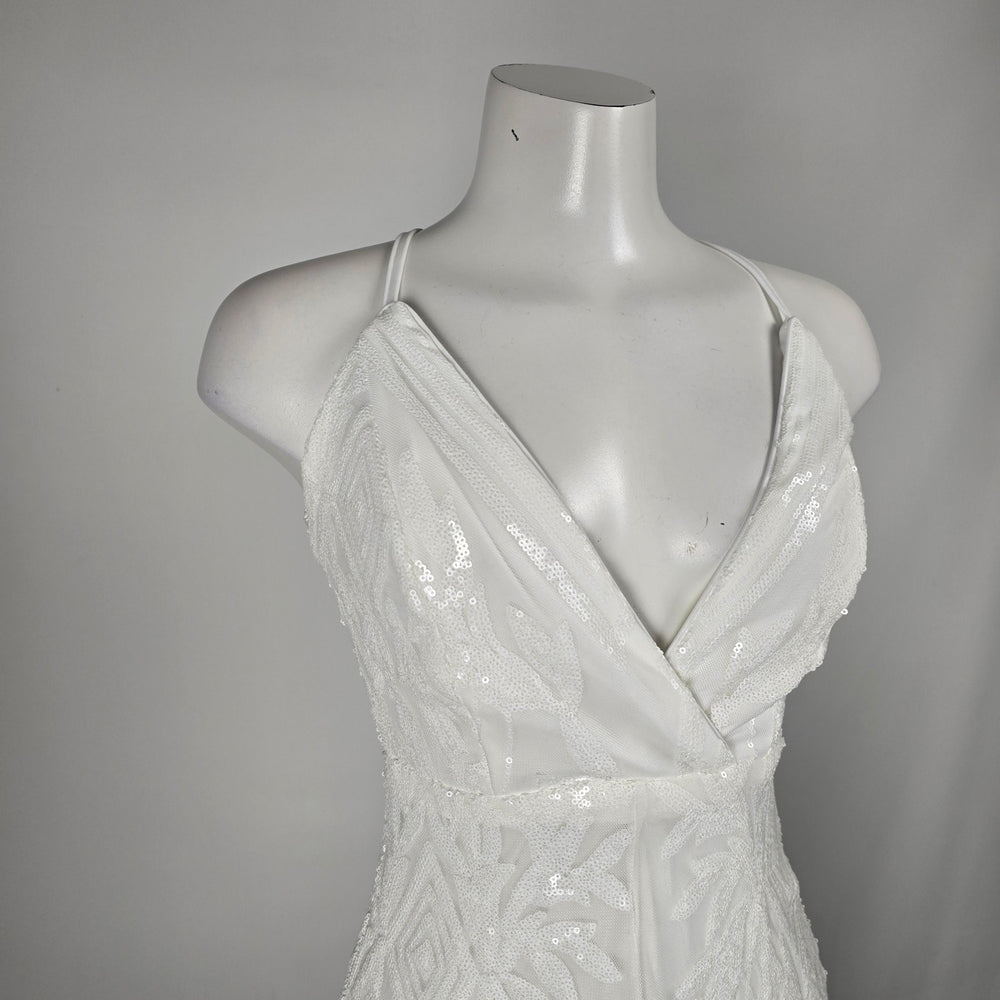 Love & Lemonade White Sequin Deep V High Slit Maxi Dress – Size S