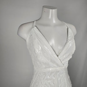 Love & Lemonade White Sequin Deep V High Slit Maxi Dress – Size S