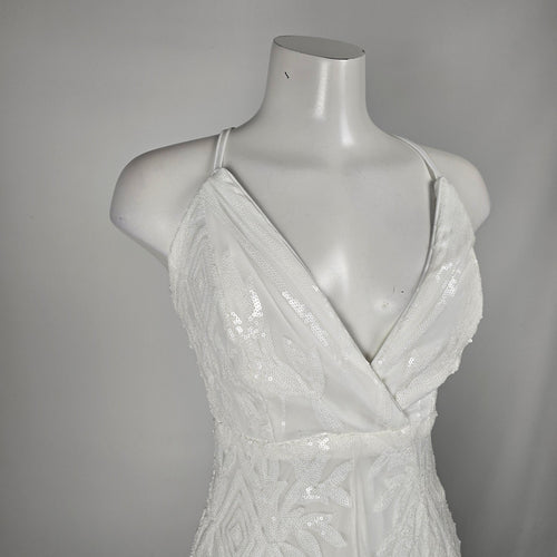 Love & Lemonade White Sequin Deep V High Slit Maxi Dress – Size S