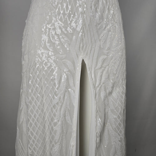 Love & Lemonade White Sequin Deep V High Slit Maxi Dress – Size S