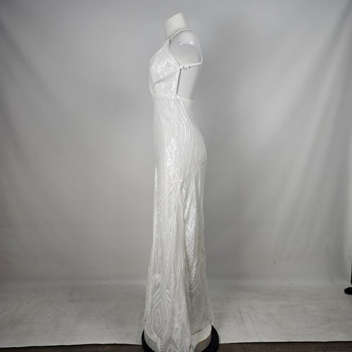 Love & Lemonade White Sequin Deep V High Slit Maxi Dress – Size S