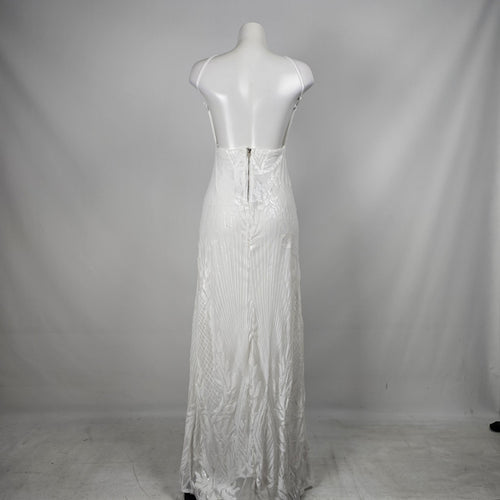 Love & Lemonade White Sequin Deep V High Slit Maxi Dress – Size S