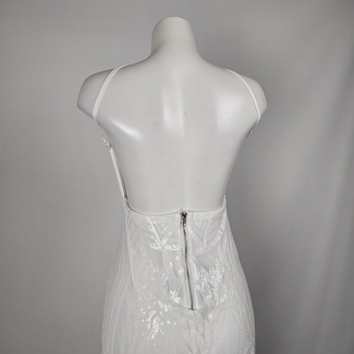 Love & Lemonade White Sequin Deep V High Slit Maxi Dress – Size S