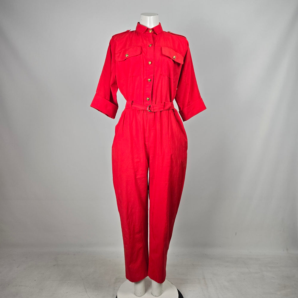 Vintage Michael Phillips Vintage Red Utility Jumpsuit Gold Button Belted - Size S/M