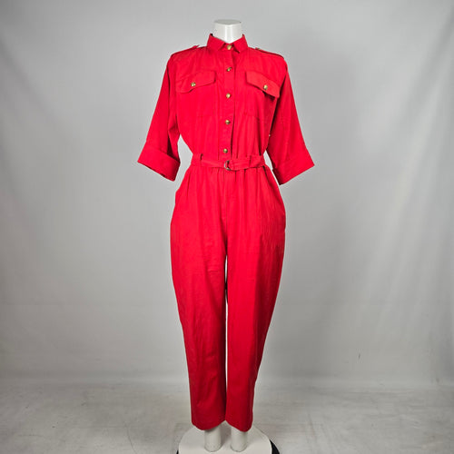 Vintage Michael Phillips Vintage Red Utility Jumpsuit Gold Button Belted - Size S/M