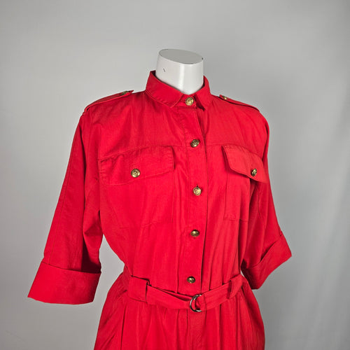 Vintage Michael Phillips Vintage Red Utility Jumpsuit Gold Button Belted - Size S/M