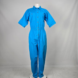 Vintage Capucino Vintage Bright Blue Button Front Utility Jumpsuit Elastic Waist - Size S-M