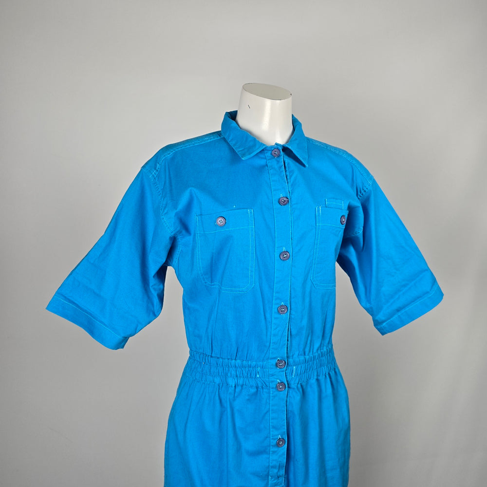 Vintage Capucino Vintage Bright Blue Button Front Utility Jumpsuit Elastic Waist - Size S-M