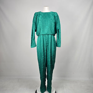 Vintage C.J. Selection Emerald Green Floral Jacquard Jumpsuit Long Sleeve - Size M