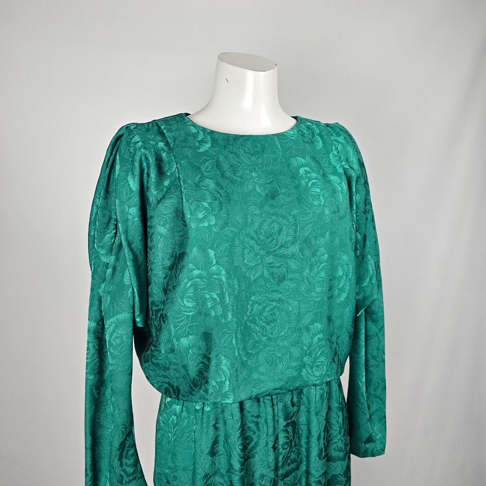 Vintage C.J. Selection Emerald Green Floral Jacquard Jumpsuit Long Sleeve - Size M