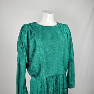 Vintage C.J. Selection Emerald Green Floral Jacquard Jumpsuit Long Sleeve - Size M