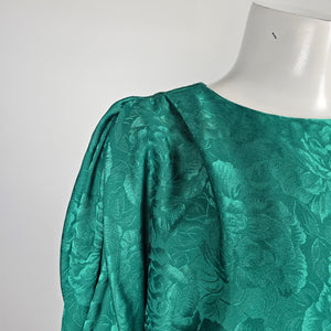 Vintage C.J. Selection Emerald Green Floral Jacquard Jumpsuit Long Sleeve - Size M