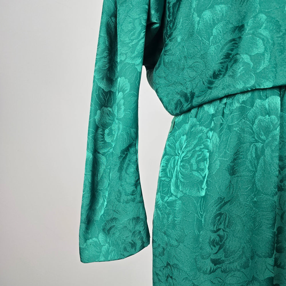 Vintage C.J. Selection Emerald Green Floral Jacquard Jumpsuit Long Sleeve - Size M