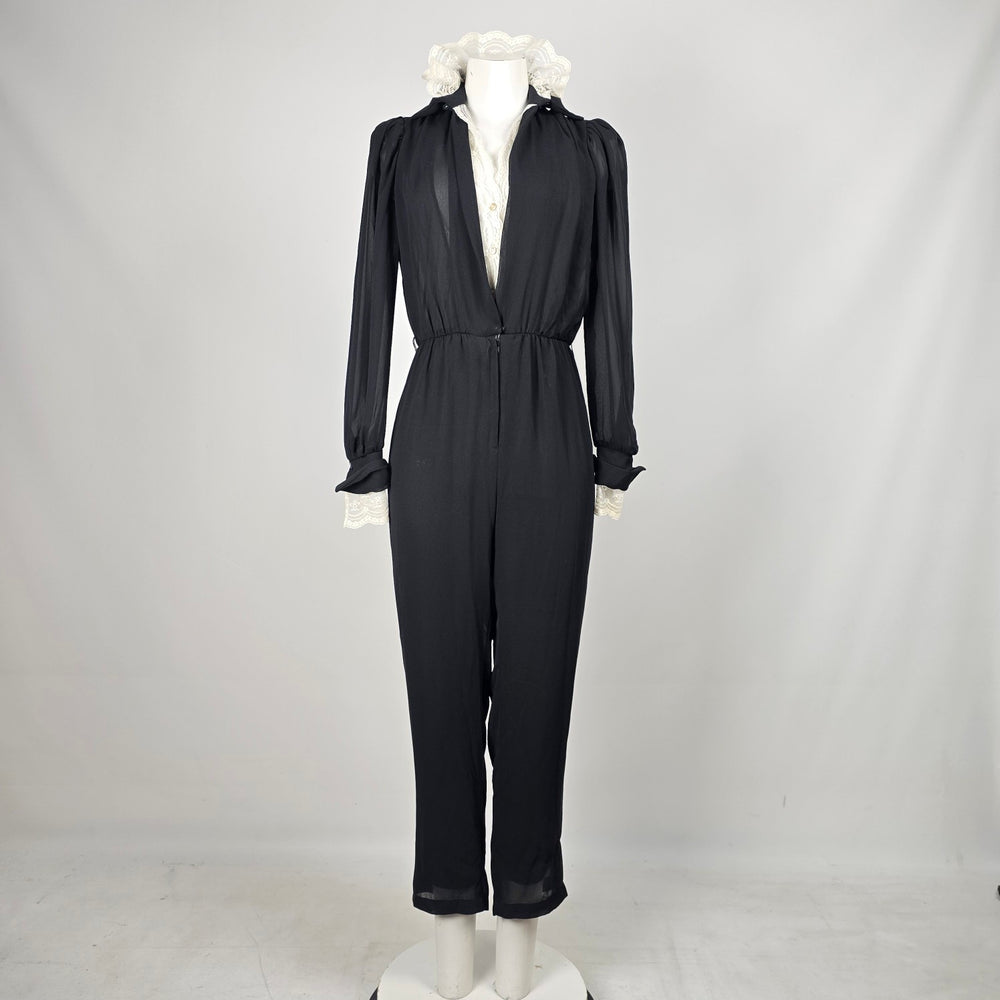Vintage Joseph Ribkoff Black Sheer Lace Ruffle Collar Jumpsuit Long Sleeve - Size 5