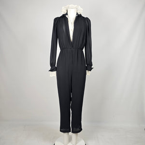 Vintage Joseph Ribkoff Black Sheer Lace Ruffle Collar Jumpsuit Long Sleeve - Size 5