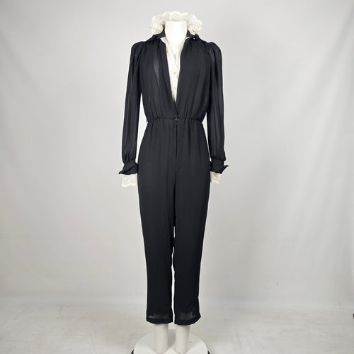 Vintage Joseph Ribkoff Black Sheer Lace Ruffle Collar Jumpsuit Long Sleeve - Size 5
